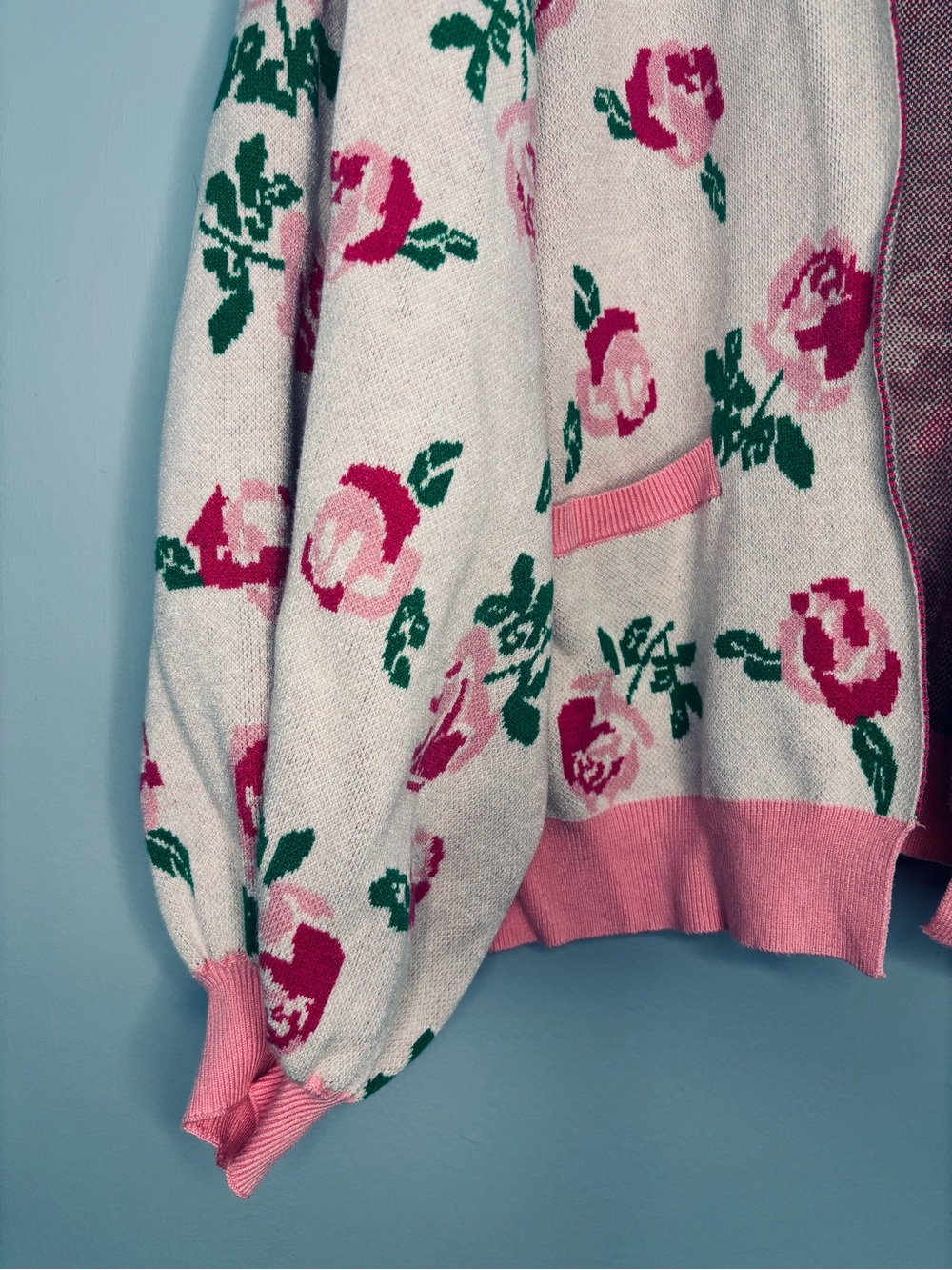 J.nna Knit Rose Floral Open Front Cardigan Pink Front Pockets Barbie Girly - Picture 4 of 5